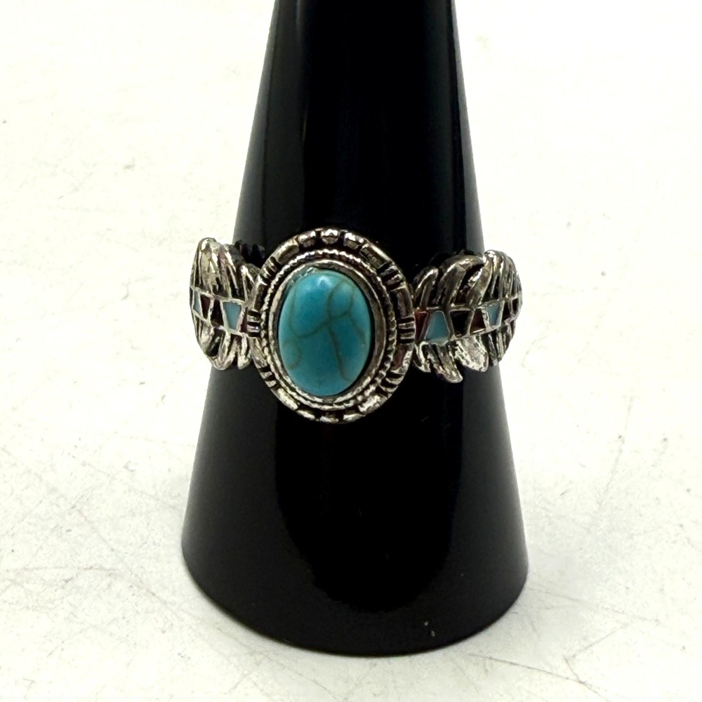 Southwestern Turquoise Style Feather Ring Silver Tone Boho Enamel Size 9